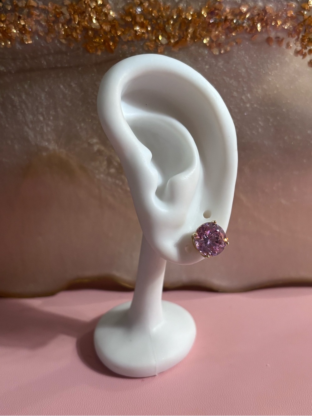 Pink Cubic Zirconia Stud Earrings - Gold - Size Large